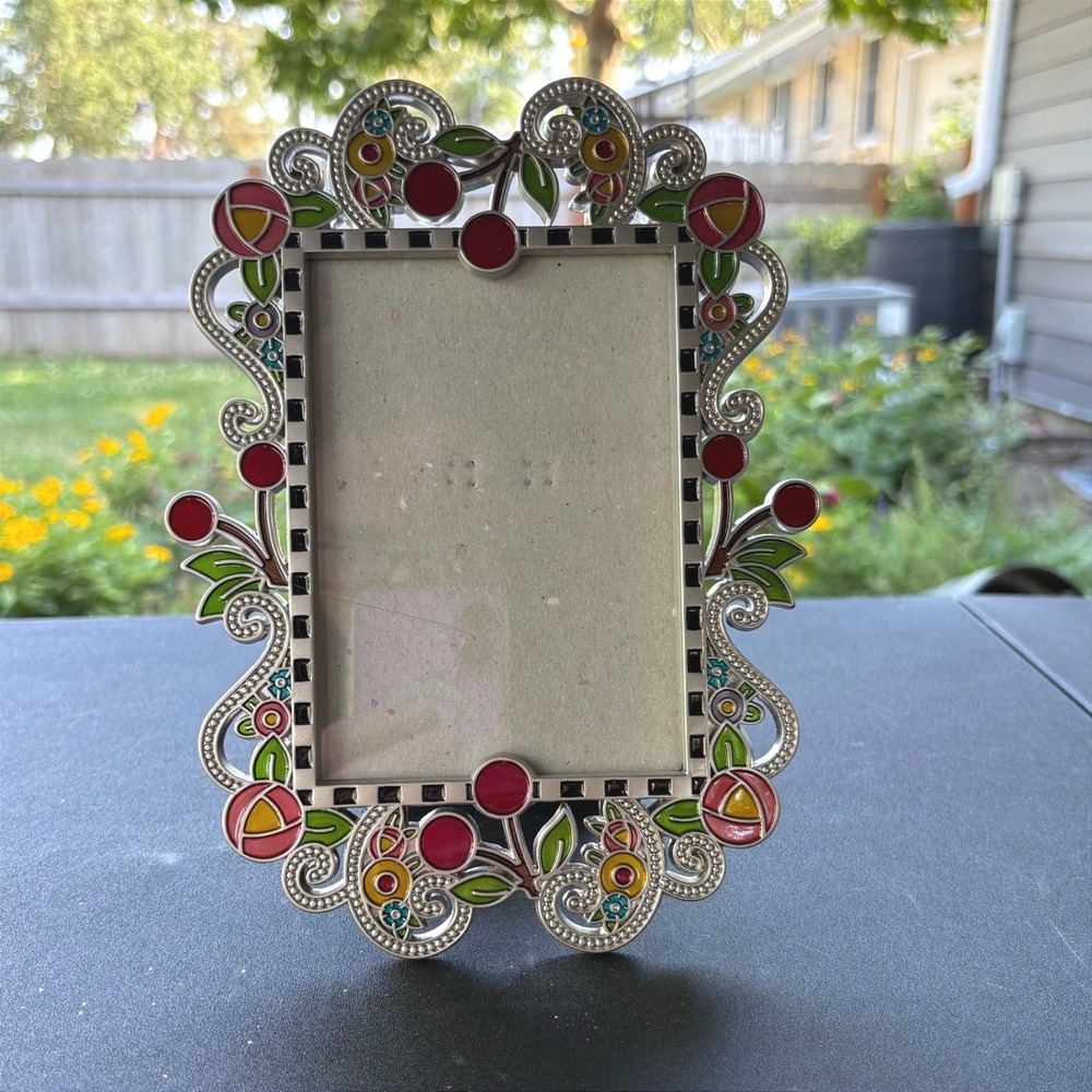 Mary Engelbreit Enameled Metal Floral Cherry Checkered 4x6 Picture Frame Silver